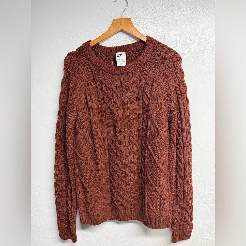 Nike Cable Knit Sweater Rattan Swoosh Logo Size XS Color Oxen Brown DQ-5176 217